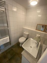 2022 old shower room converted to 2 rooms - rearranged shower room with new basin & cupboard under
