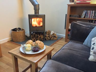 Cosy wood burner supplied with logs and kindling