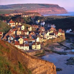 High view of the harbour and the jumbled houses in Staithes