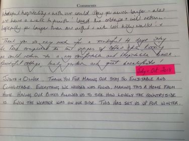 Comments from 3 sets of lovely guests- summer/autumn 2018