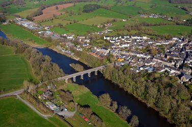 Aerial view over Hay On Wye, the Wye River, fantastic for canoeing and fishing.