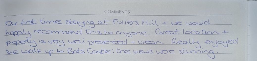 Fullers Mill Guest Book 6th Oct 2025 Sarah & Family