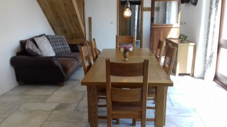 Dining in the kitchen around the table.