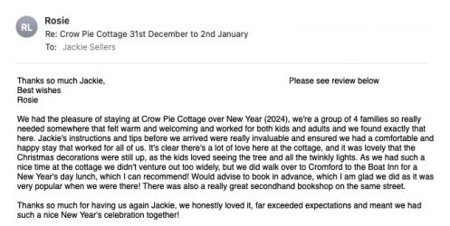 Absolutely delighted with the review from our New Year 2024/5 guests!
