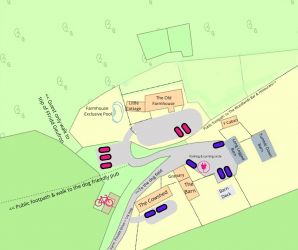 Map of Geufron Farm. Farmhouse & Cottage parking shown in pink.
