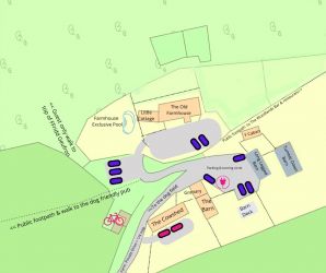 Map of Geufron Farm. Cowshed parking shown in Pink.