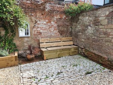 Original cobble square and rustic seating