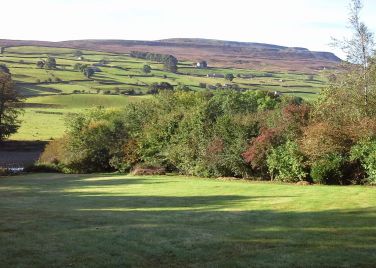 Large grassed area with small forest and Harkerside in the distance