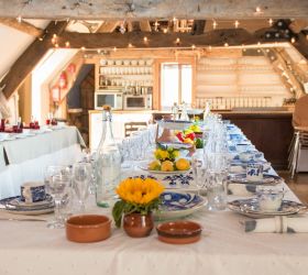 Mediterranean themed table styling with props & vintage china hire from Bordello Banquets