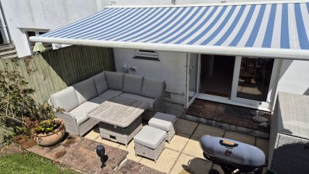 Sun Awning, Soft Furnishings, Dual-height Table, Seats 6, Weber Gas BBQ, Power. Sockets.