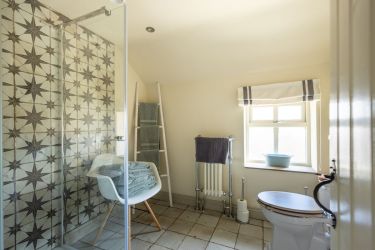 The bathroom has a luxurious shower