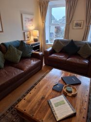 High quality leather sofa's and an leather armchair. OS Maps & walking guides to the area.