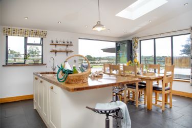 Kitchen island and dining area.