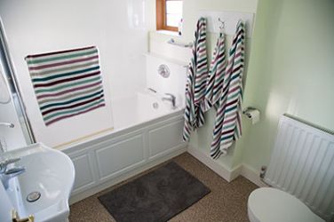 The bathroom has a bath and a shower in the bath