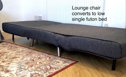 Lounge chair converts  to low single futon bed