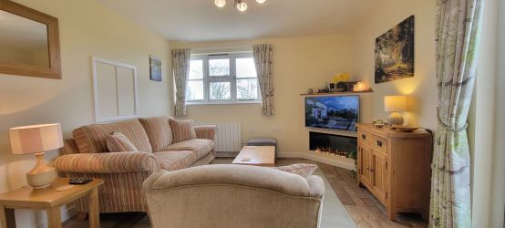 Sunny sitting room with spacious seating area, feature fire & 43inch LG HDTV