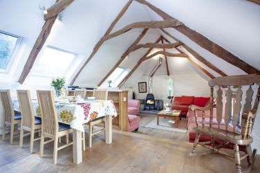 Barn, Upstairs, Long Barn Wing - open plan kitchen, breakfast room, living room, wood burning stove