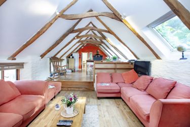 Barn, Upstairs, Long Barn Wing - open plan kitchen, breakfast room, living room, wood burning stove