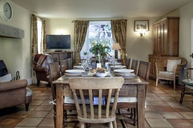 Farmhouse, Downstairs - open plan kitchen, dining room, study desk, wood burning stove