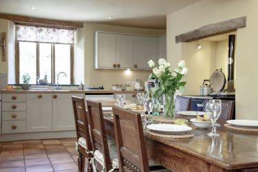 Farmhouse, Downstairs - open plan kitchen, dining room, study desk, wood burning stove