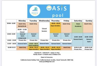 Indoor pool timetable up to school summer hols