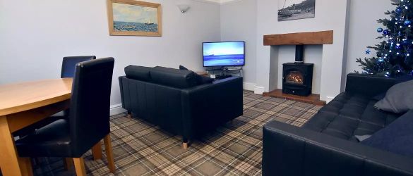 The living room with 50" smart TV and gas wood effect stove stove