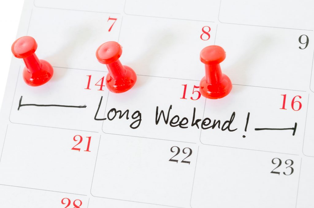 calendar with 'long weekend' written on