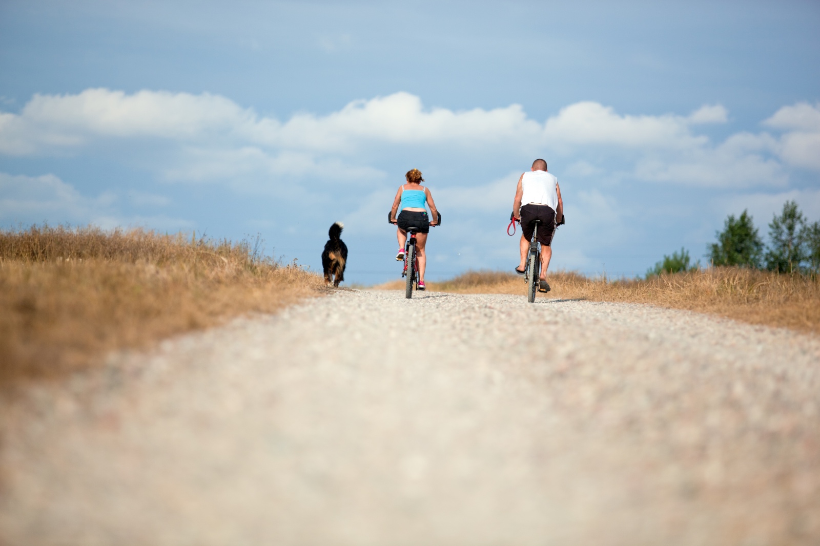 Man and women cycling along a track with dog to the side