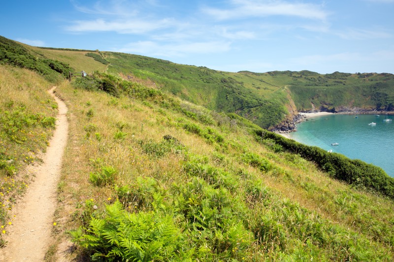 foot path leading to the golden beach of Lantic Bay in the distance with turquoise sea