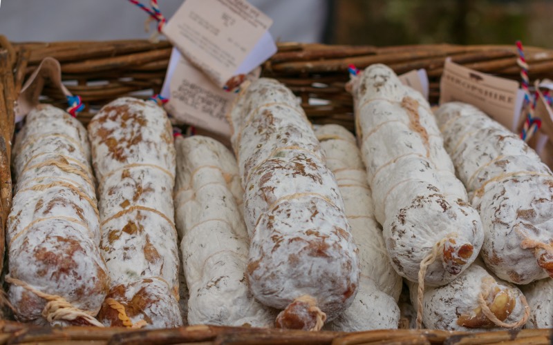 Basket of Shropshire Salami's in a farmers market
