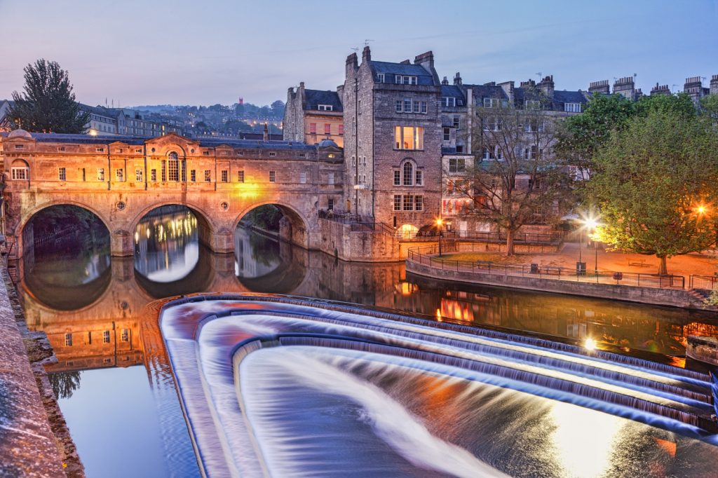 Night shot of Bath with river in the forefront