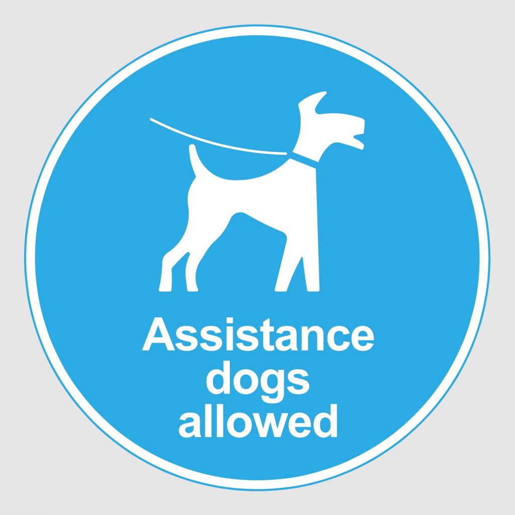 Blue 'assistance dogs allowed' sign