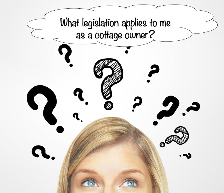 Womens head with question marks coming off it and a bubble saying 'what legislation applies to me as a cottage owner?'
