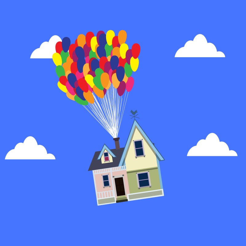 Illustrative image of house floating in sky with multi coloured balloons coming out of chimney. 