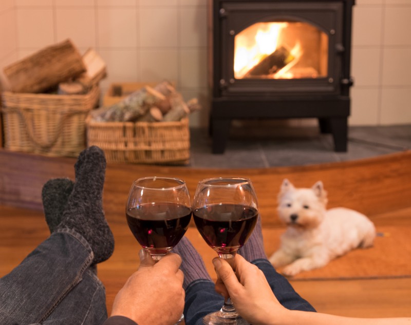 Couple sitting in front of roaring log fire drinking red win with Westie dog beside fire